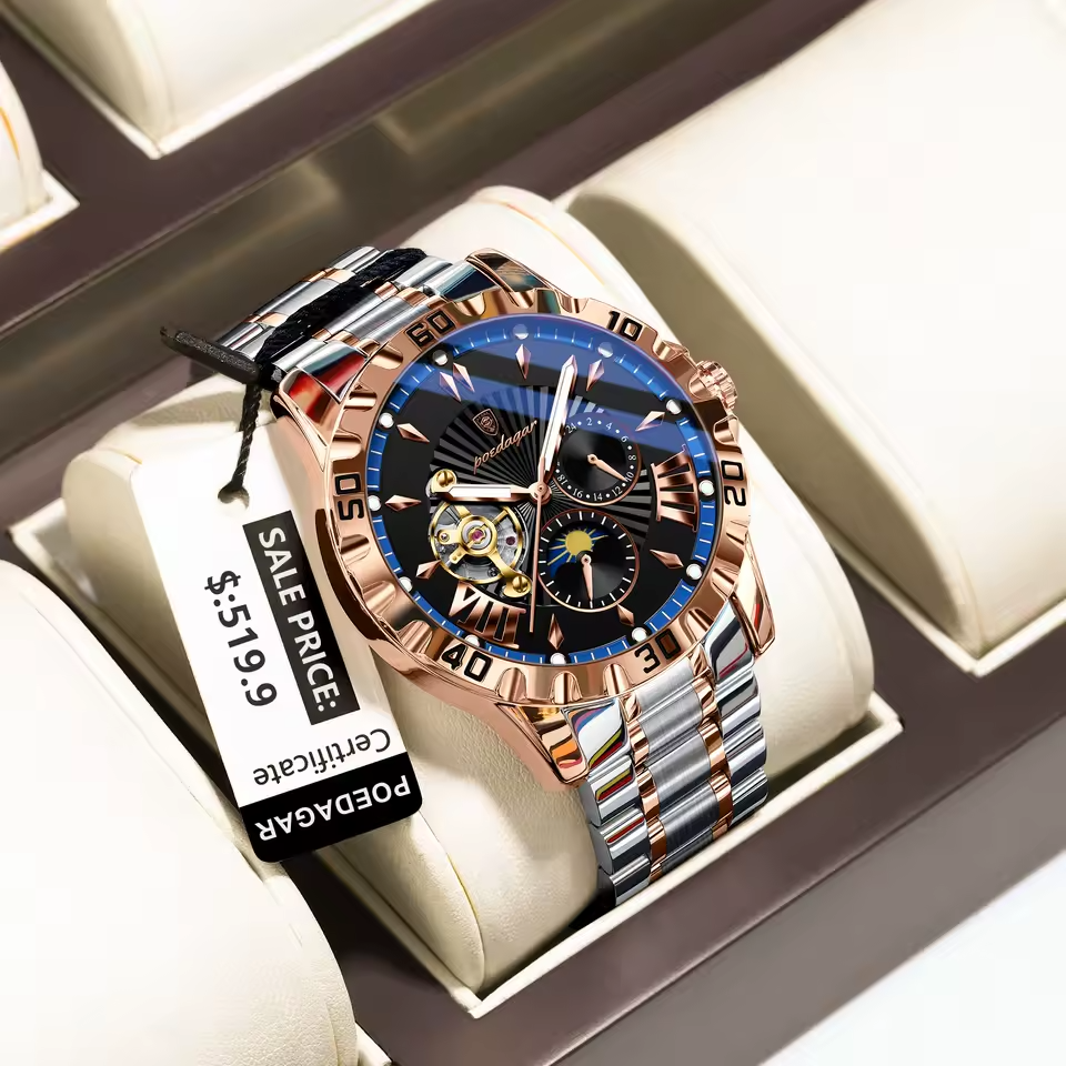 POEDAGAR Luxury Men Hollow Tourbillon Automatic Mechanical Watch Waterproof