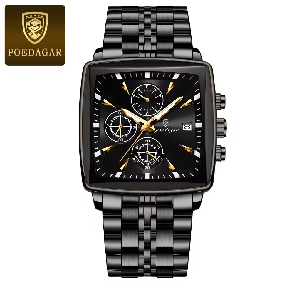POEDAGAR 866 Luxury Square Sport Man Wristwatch Waterproof Quartz Stainless Steel