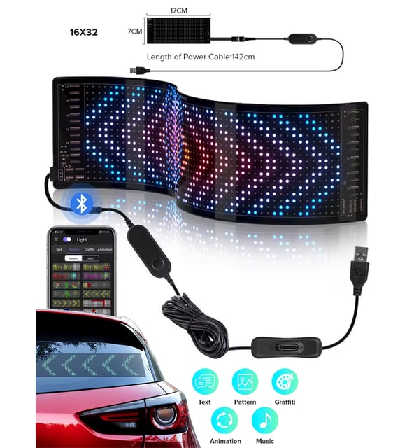 LED Sign Car Scrolling Advertising USB 5V Bluetooth App Control Logo Light Custom Text Pattern Animation Programmable Display