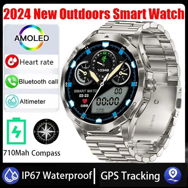 2024 New Men Compass Smartwatch Bluetooth Call GPS Track 400+ Free Dial 1.85" Ultra AMOLED Screen Waterproof Sports Smartwatch