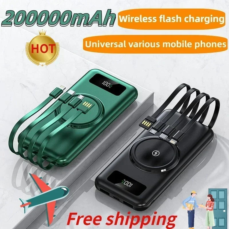 4-in-1 Power Bank with 200000Mah Ultra Fast Charging Wireless Charging with 4-wire Mobile External Battery Charger For iPhone